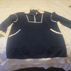 Long-Sleeve Navy Knit Dress with Cream Trim
